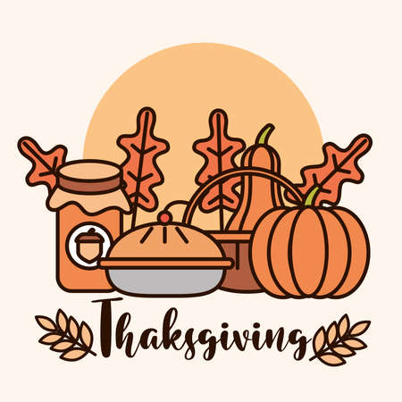 thanksgiving day, traditional food pumpkins cake and leaf card vector illustrationのイラスト素材