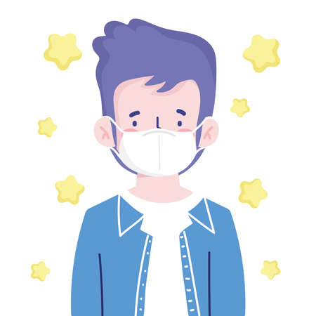 boy with medical mask character portrait cartoon new normal vector illustrationのイラスト素材