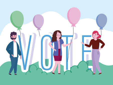 voting and election concept, people and vote word with balloons cartoon vector illustration
