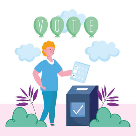 voting and election concept, young man putting ballot in the box vector illustrationのイラスト素材
