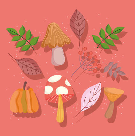 happy thanksgiving autumn leaves mushroom pumpkin leaves foliage icons vector illustrationのイラスト素材