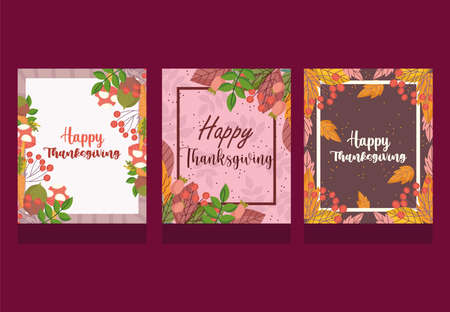 happy thanksgiving, collection cards lettering autumnal foliage season celebration vector illustrationのイラスト素材