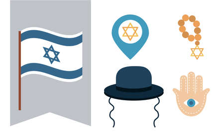 hanukkah, judaism ritual traditonal set icons flat vector illustrationのイラスト素材