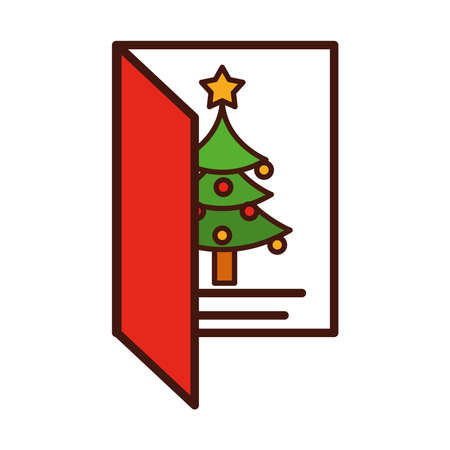 happy merry christmas, greeting card season with tree decoration vector illustration line fill iconのイラスト素材