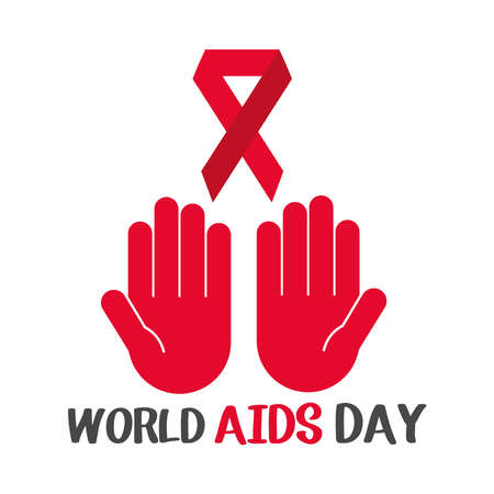 world aids day, red hands with awareness ribbon card vector illustrationのイラスト素材