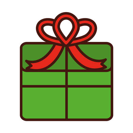 happy merry christmas, green gift box with bow decoration vector illustration line fill iconのイラスト素材