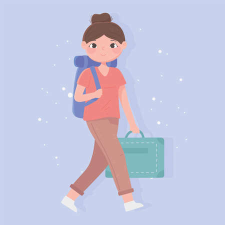 people traveling, young woman tourist with backpack and folder vector illustrationのイラスト素材
