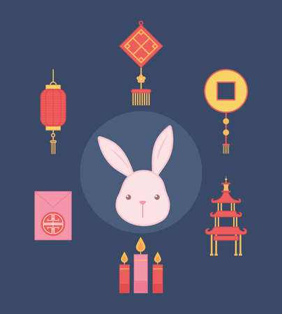 oriental element decoration bunny face lanterns candles and pagoda icons set vector illustration color designのイラスト素材