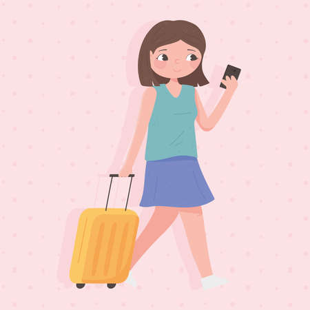 people traveling, woman tourist with suitcase and using smartphone vector illustrationのイラスト素材
