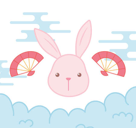 rabbit face and fan oriental element decoration vector illustration color designのイラスト素材