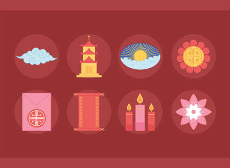 oriental element decoration flower pagoda scroll and ornaments icons set vector illustration color designのイラスト素材