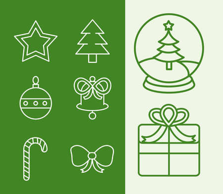 happy merry christmas, gift tree star candy bow star snowflake and others icons vector illustration line fillのイラスト素材