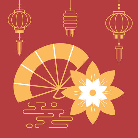 flower fan and lanterns traditional oriental element decoration vector illustration line designのイラスト素材
