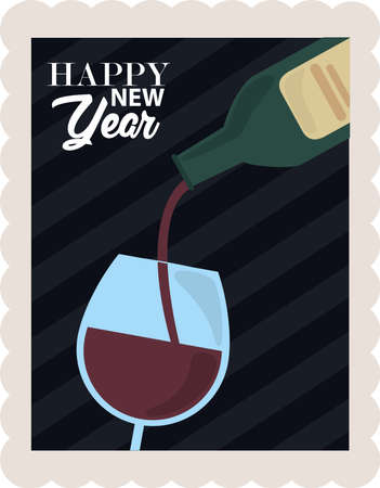 happy new year 2021, wine bottle pouring in cup celebration, postage stamp icon vector illustrationのイラスト素材