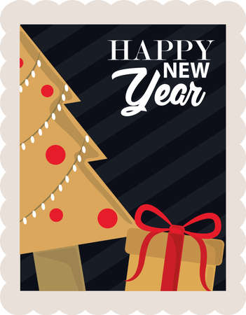 happy new year 2021, tree and gift box decoration, postage stamp icon vector illustrationのイラスト素材