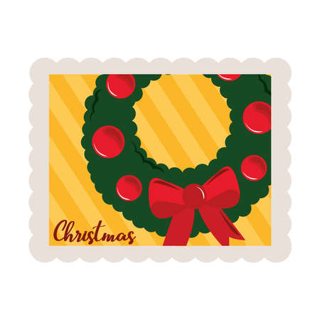 merry christmas wreath with balls and bow decoration stamp icon vector illustrationのイラスト素材