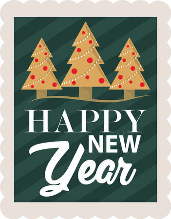 happy new year 2021, handwritten lettering and trees decoration, postage stamp icon vector illustrationのイラスト素材