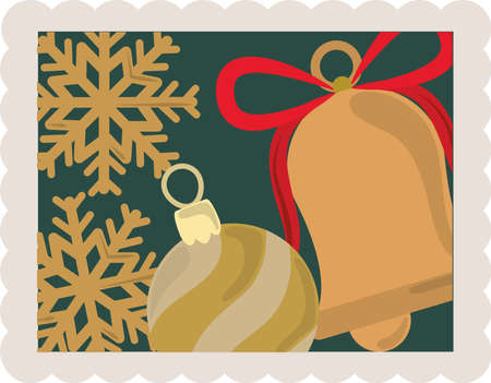happy new year 2021, golden bell ball and snowflakes, postage stamp icon vector illustrationのイラスト素材