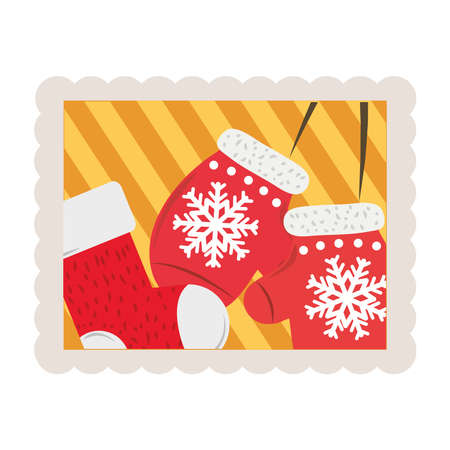 merry christmas mittens and stocking decoration stamp icon vector illustrationのイラスト素材