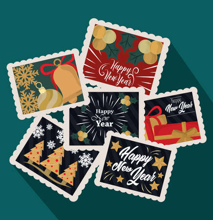 happy new year 2021, celebration and decoration postage stamp icons set vector illustrationのイラスト素材