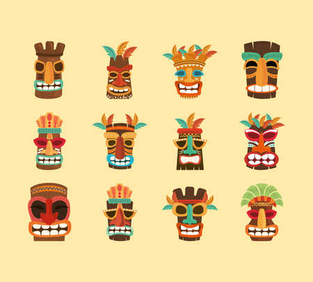 tiki god, wooden african sculpture traditional, icons vector illustrationのイラスト素材