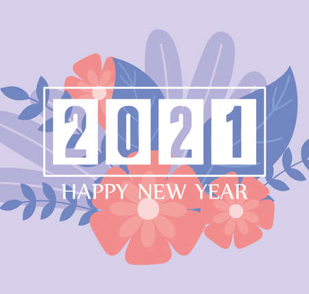 2021 happy new year, floral invitation card flowers leaves celebration vector illustrationのイラスト素材