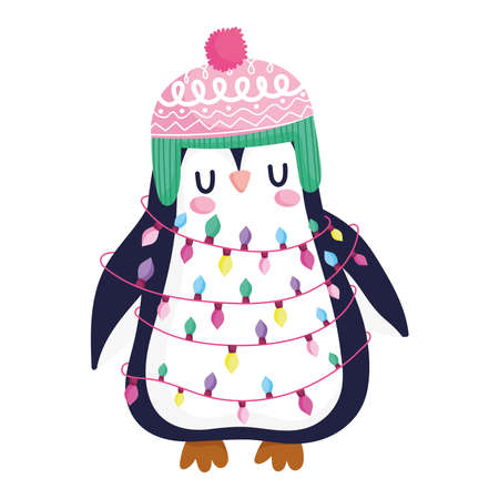 merry christmas, cute penguin with hat and lights animal cartoon vector illustrationのイラスト素材