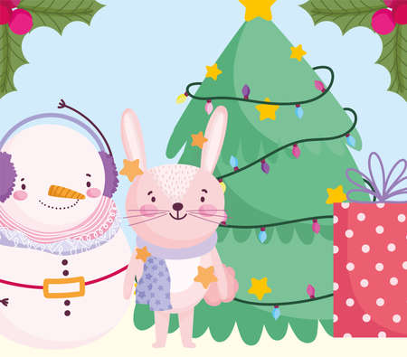 merry christmas, cute snowman bunny with tree gift and lights cartoon vector illustrationのイラスト素材