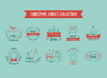 merry christmas, set icons labels decoration greeting design, green background vector illustrationのイラスト素材