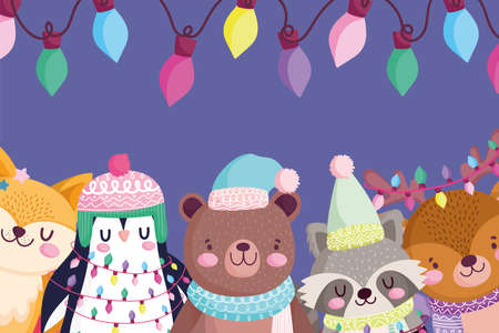 merry christmas, cute bear penguin fox deer and raccoon portrait lights decoration cartoon vector illustrationのイラスト素材