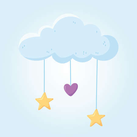 baby shower, cloud with hanging heart and stars decoration vector illustrationのイラスト素材