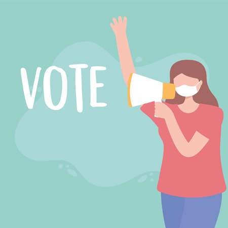 voting and election, young woman with mask and megaphone vector illustrationのイラスト素材