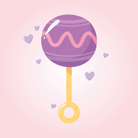 baby shower, purple toy rattle with heart background vector illustration