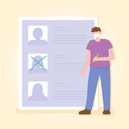 voting and election, young man with protective mask candidates list, one selected vector illustrationのイラスト素材