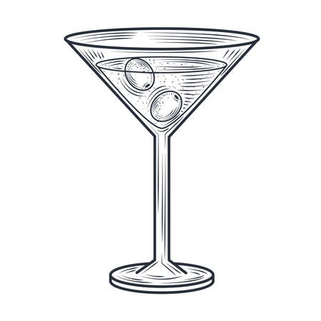 martini glass with olives cocktail and alcohol drink, thin line style icon vector illustrationのイラスト素材