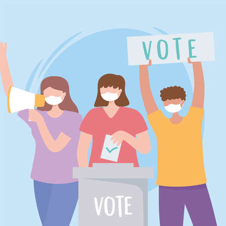 voting and election, people with mask give vote and putting paper vote in to the ballot box vector illustrationのイラスト素材