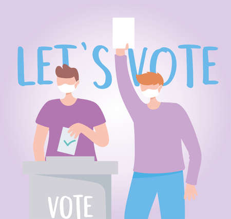 voting and election, men with masks leaving votes vector illustrationのイラスト素材