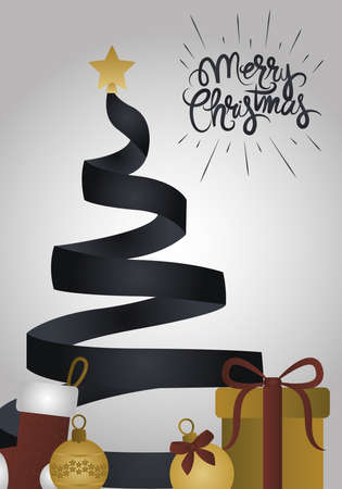 merry christmas, black tree shaped ribbon with ball sock and gifts vector illustrationのイラスト素材