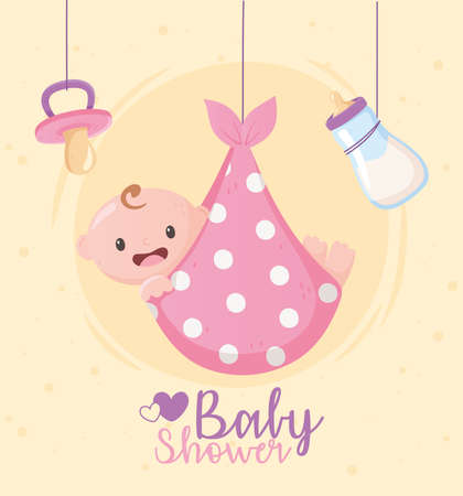 baby shower, greeting card hanging little boy pacifier and bottle milk vector illustrationのイラスト素材