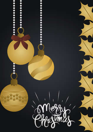 merry christmas, greeting card golden hanging balls and leaves decoration vector illustrationのイラスト素材