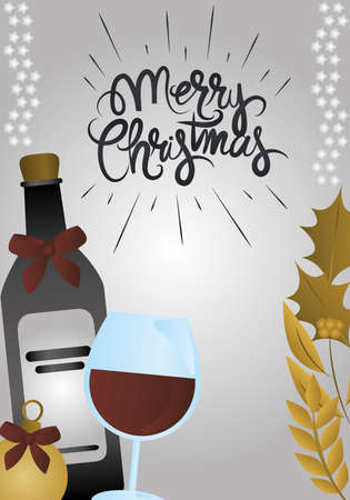 merry christmas, wine bottle cup and ball with hand drawn text vector illustrationのイラスト素材
