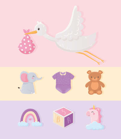 baby shower, stork with blanket, rainbow elephant bear unicorn, collection icons vector illustrationのイラスト素材