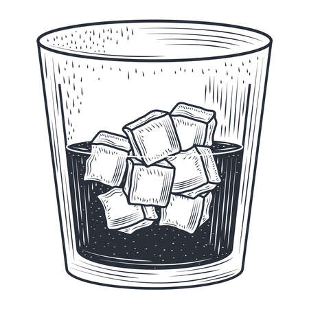 whiskey glass and ice alcohol drink, thin line style icon vector illustrationのイラスト素材
