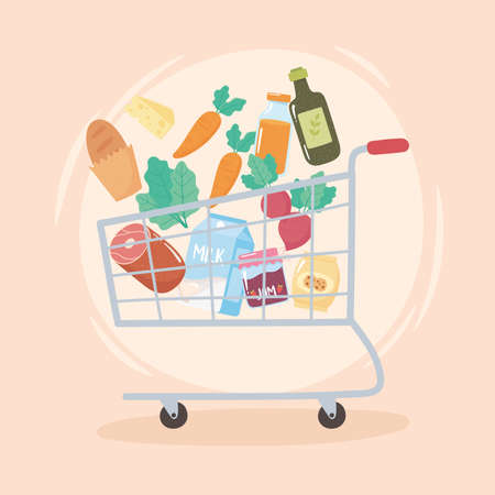falling goods in the shopping cart, grocery purchases vector illustrationのイラスト素材