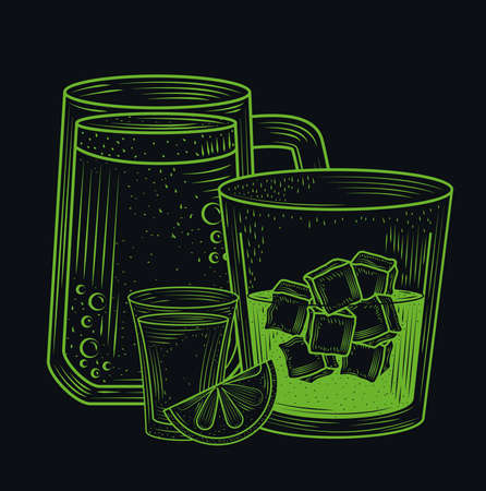 beer, whiskey and tequila shot with lime alcohol drink, green line style icon vector illustrationのイラスト素材