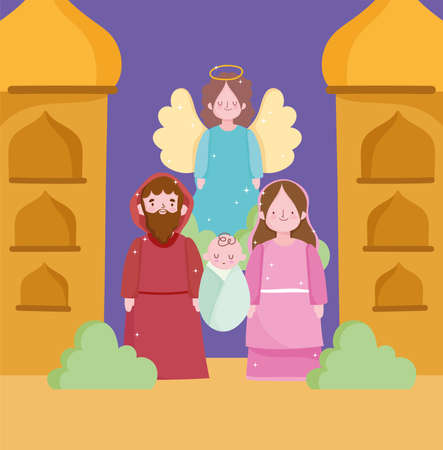nativity, manger holy mary joseph baby and angel cartoon vector illustrationのイラスト素材