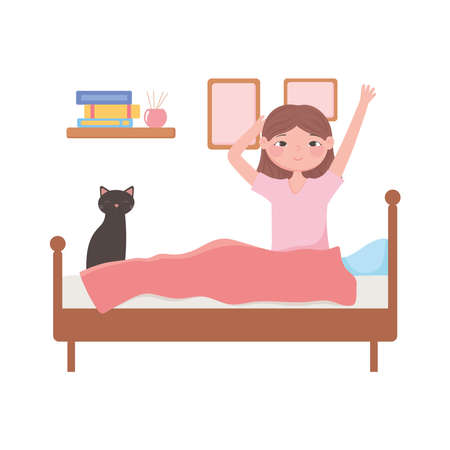 daily routine scene, waking up woman sitting with cat on bed vector illustration vector illustrationのイラスト素材