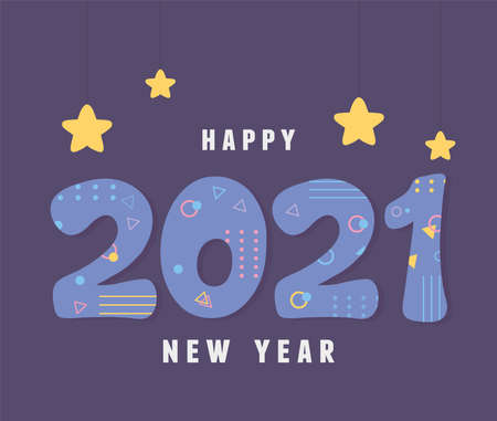 2021 happy new year, greeting card retro style memphis decoration vector illustrationのイラスト素材