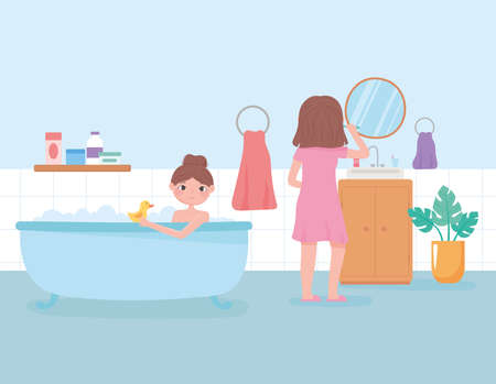 daily routine scene, girl brushing her teeth and woman in bathtub vector illustration vector illustrationのイラスト素材