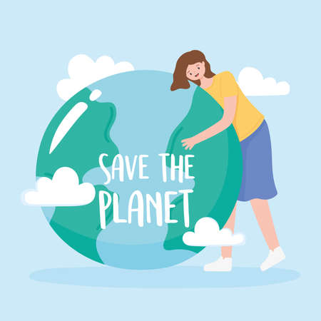 save the planet, woman hugs earth map with clouds vector illustrationのイラスト素材